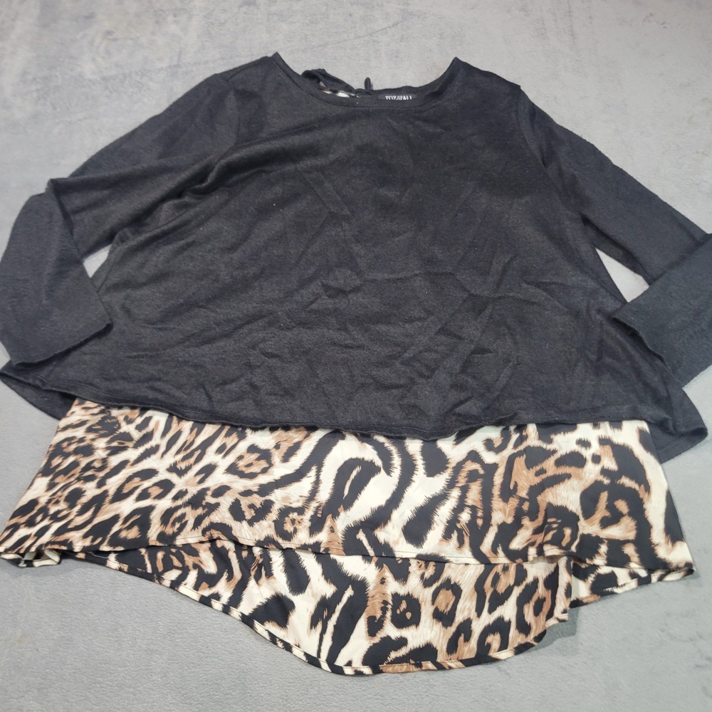 Roz‎ & Ali Top Women Large Black Leopard Print Layered Mixed Media Long Sleeve